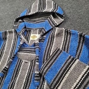 Earth Ragz Men Baja Hoodie Large Blue Gray Mexican Blanket Pullover